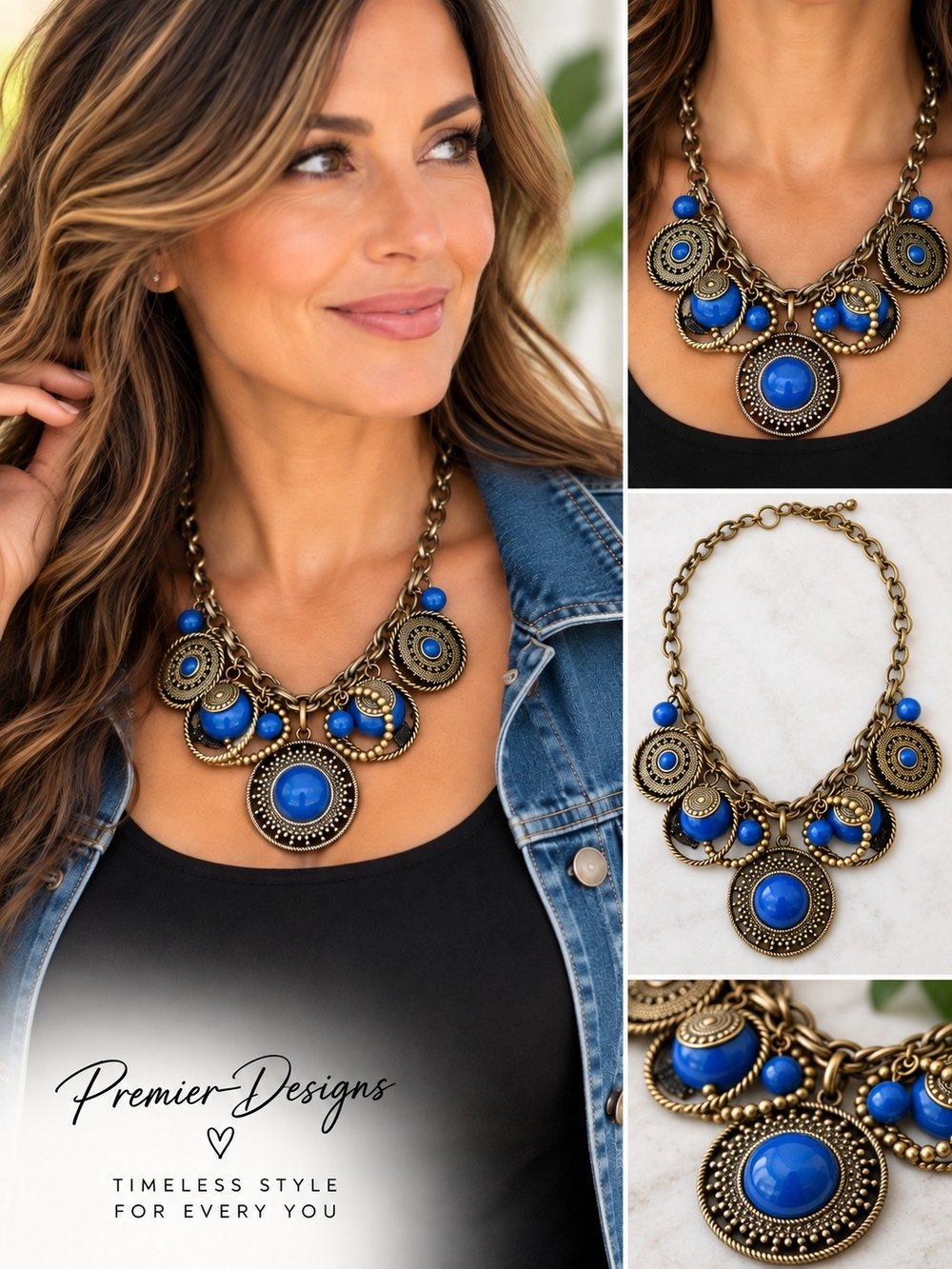 Premier Designs Blue and Antique Gold Bold Bib Necklace